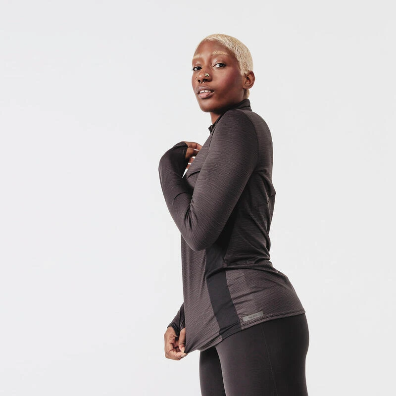 T-shirt running manches longues 1/2 zip femme - Dry+ noir