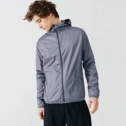 VESTE COUPE VENT ET COUPE PLUIE DE RUNNING HOMME KALENJI RUN RAIN GRIS GALET